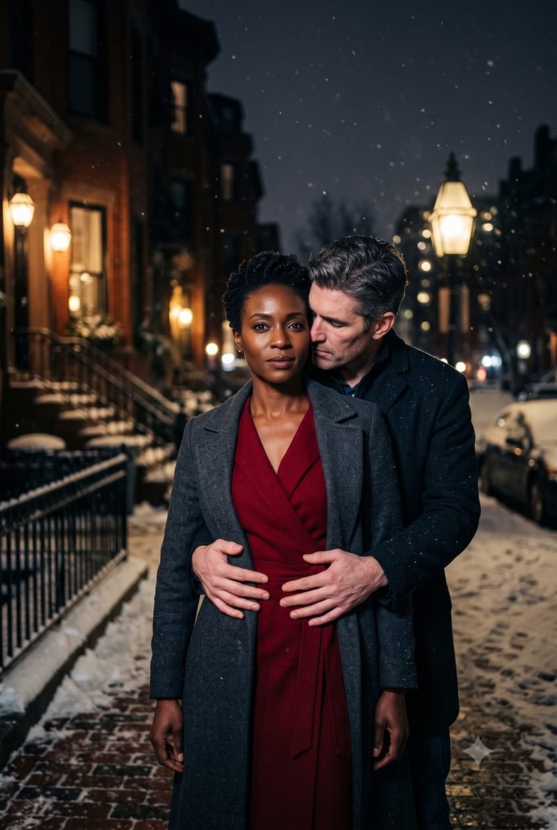 The Boston Ledger cover art — a couple on a snowy Boston street at night