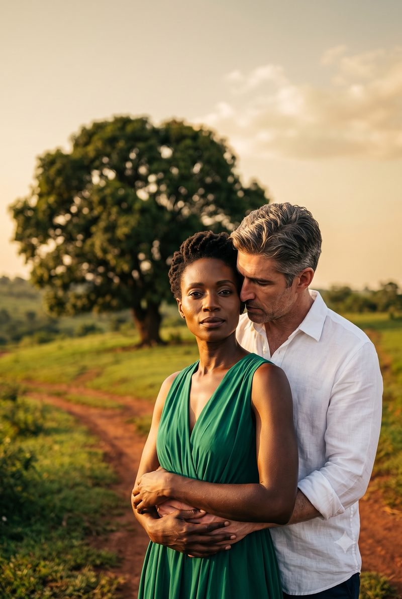 The Kampala File cover art — a couple on a Ugandan hillside at golden hour