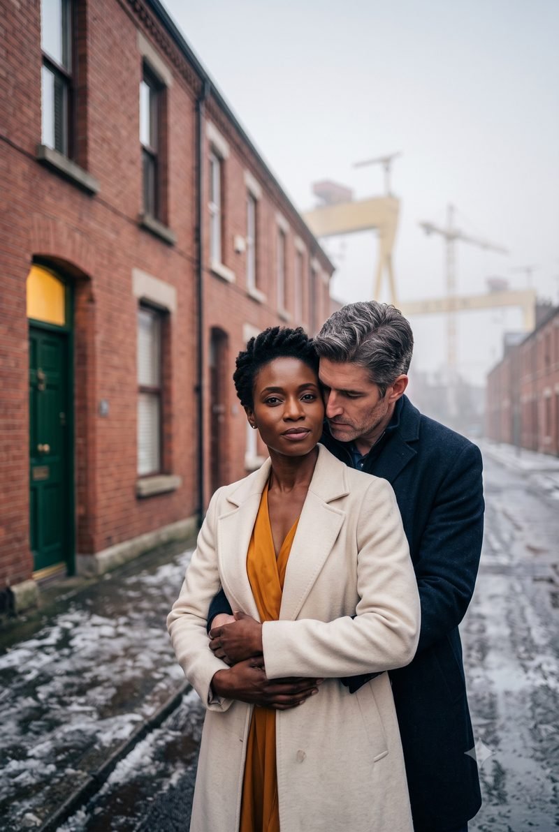 The Belfast Paper cover art — a couple on a Belfast street with shipyard cranes behind